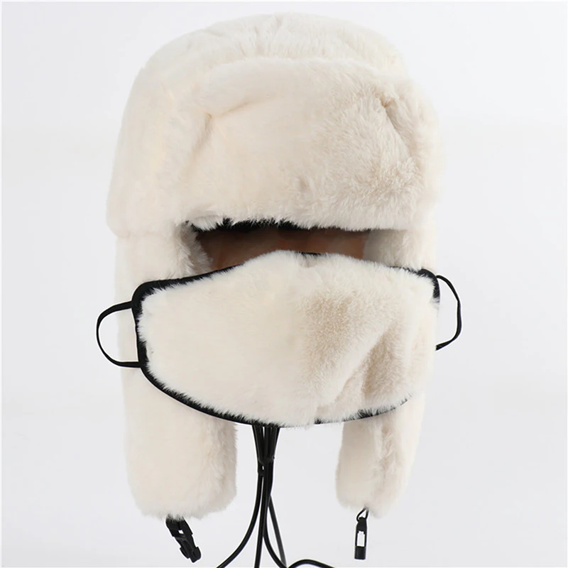 High Quality Ushanka 2021 Thermo Winter Faux Fur Hat Women Bomber Hats Warm Pink Ski Earflaps Mask Soviet Hat Russian Snow Cap