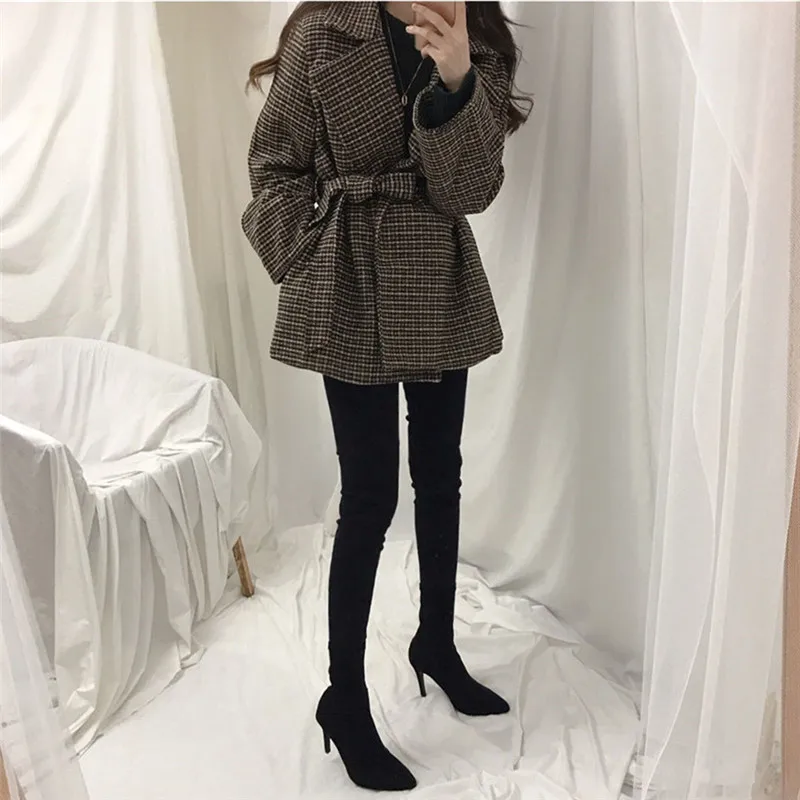 

2020 Korean fashion Woolen Blend Plaid Short Coat Women's Autumn Winter Tweed Casual Outwear Long Sleeve with Sashes Jacket