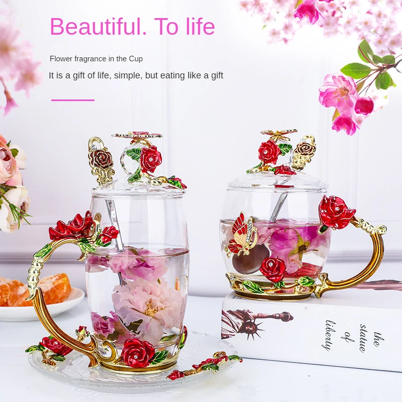 

Enamel Glass Household Rosa Floweryvale Rose with Handle Set Heat-Resistant Cup