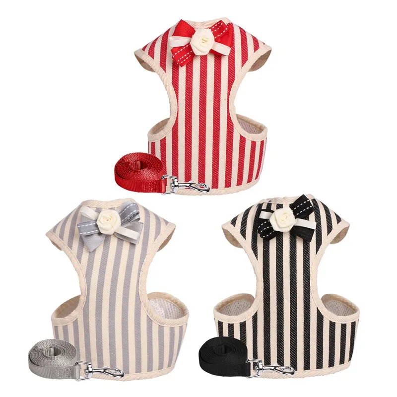 

Striped Puppy Cat Harness Leash Set Small Medium Dog Bowknot Harness with Leash Soft Breathable Mesh Pet Vest For Puppy Kitten