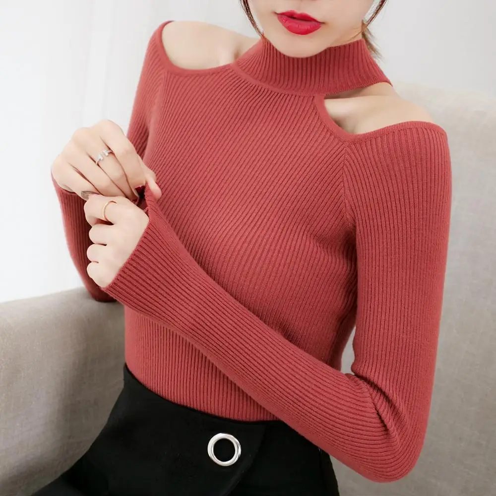 

Sexy Trendy Women clothes Long Sleeve Knitted One Shoulder Sweater solid Turtle Neck pullover Outwear one pieces Clothing