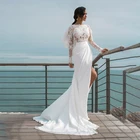 Женское прозрачное кружевное платье It's yiiya, белое винтажное платье с длинными рукавами, открытой спиной и высоким разрезом на лето 2019