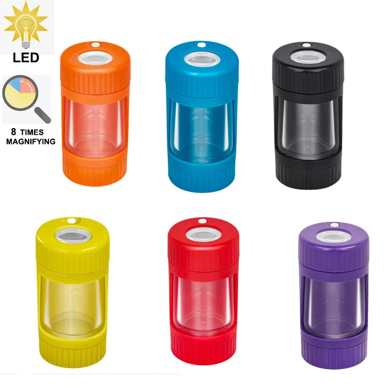 

magnification LED jar container with grinder pipe stash can storage for stock tobacco herb weed sealed recreative kitchen usage