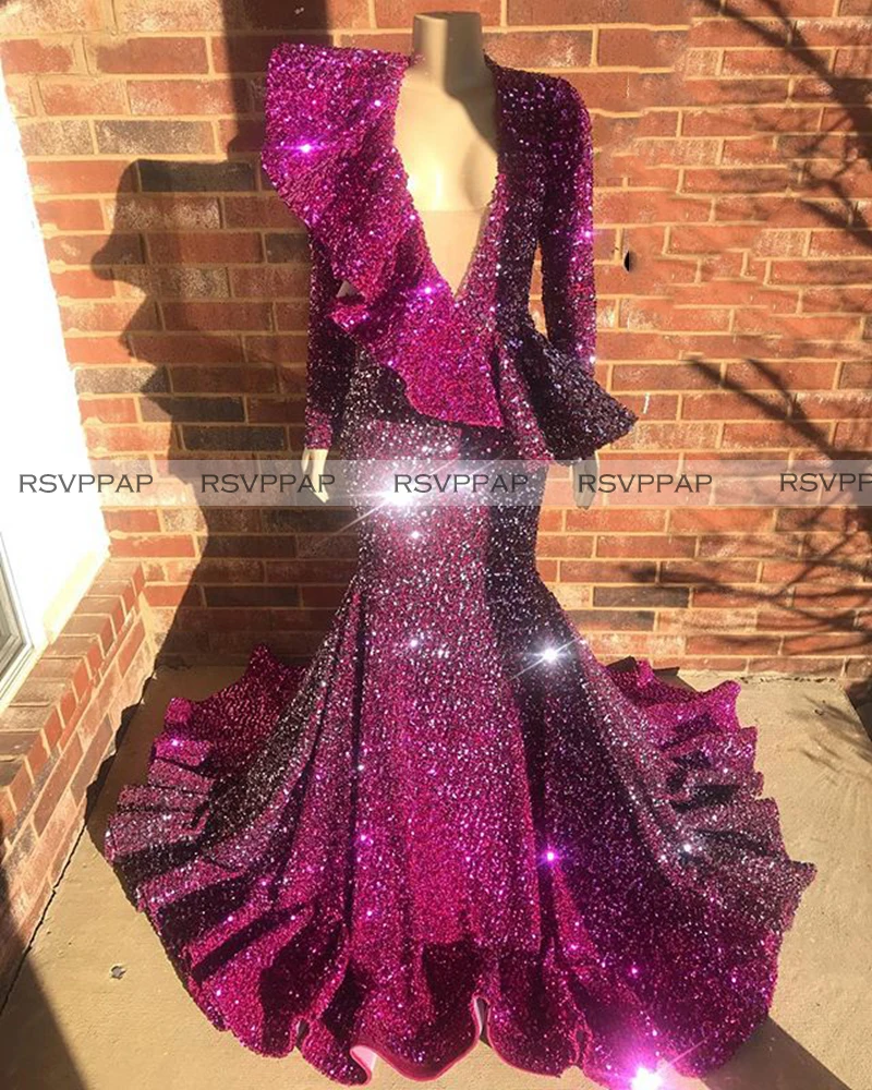 Длинные блестящие фиолетовые Выпускные платья 2020 v образным вырезом Русалка с