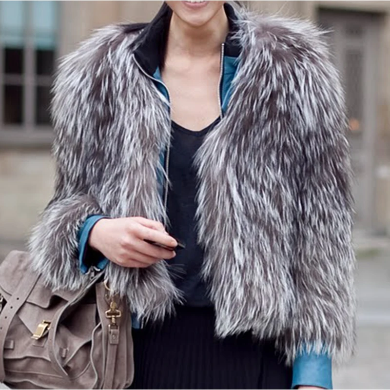 Женская шуба из натурального меха лисы вязаная чернобурки с длинным рукавом