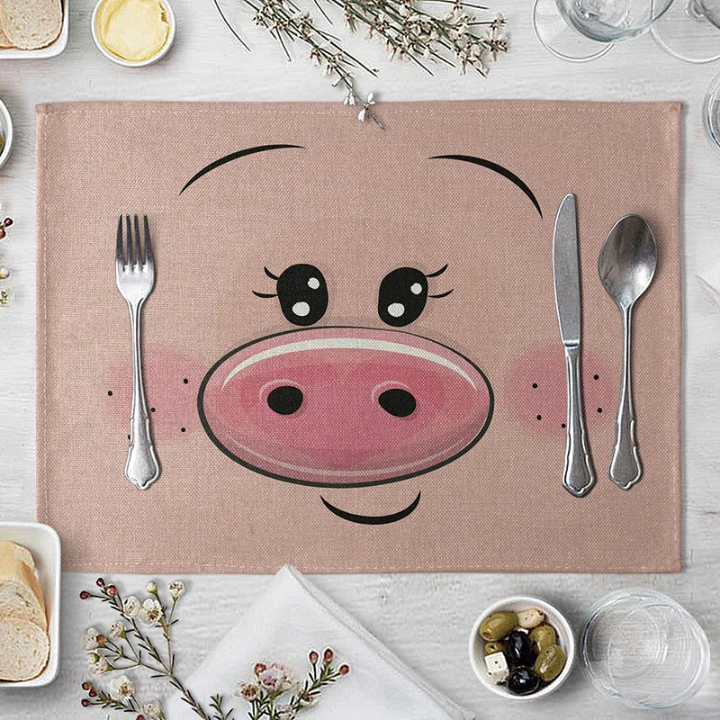 

Animal Cotton Linen Table Mat Cartoon Pig Bear Fox Frog Pattern Placemats For Children Kids Kitchen Dining Place Mats Pads