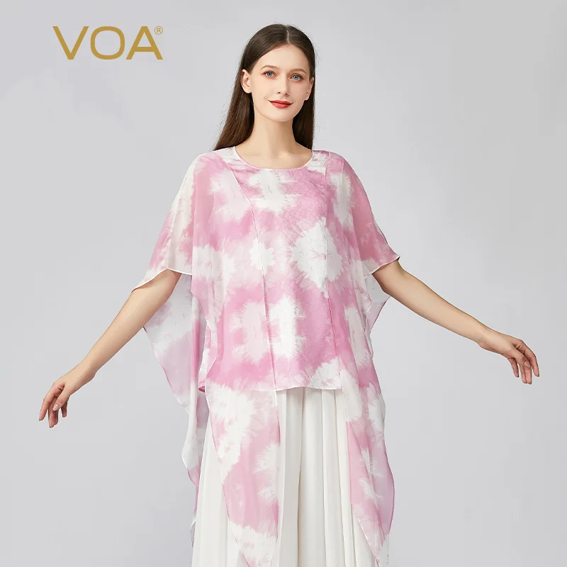 

Женские Жаккардовые Шелковые футболки с круглым вырезом VOA, вечерние свободные топы с рукавами-крылышками летучая мышь, элегантные топы BE886