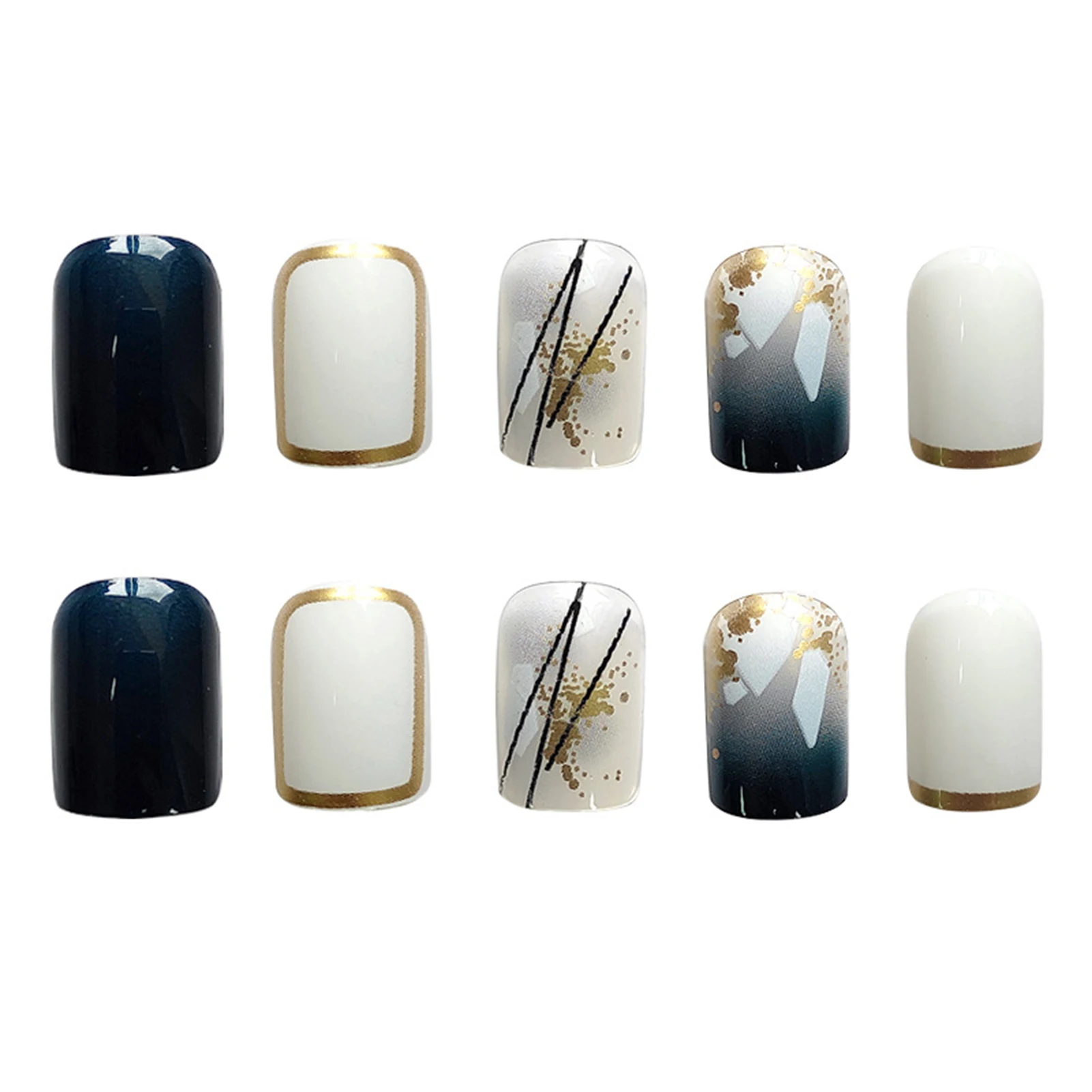 

24pcs Blue Gold Foil Wear Short Paragraph Fashion Manicure Patch False Nails Save Time Wearable Nail Patch STTX889