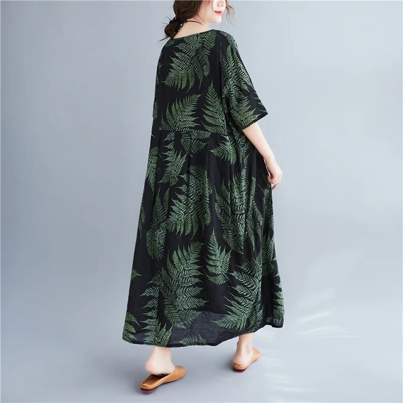 

Vintage Plus Size Green Print Cotton Linen Maxi Sundress 2021 Summer Korea Women Loose Midi Dress Classy Bodycon Party Vestidos
