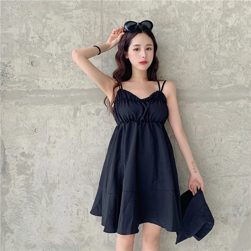 summer v-neck solid color sweet spaghetti strap mini-dress fashion brand Back cross Women's Clothing modis vestidos Korean style | Женская