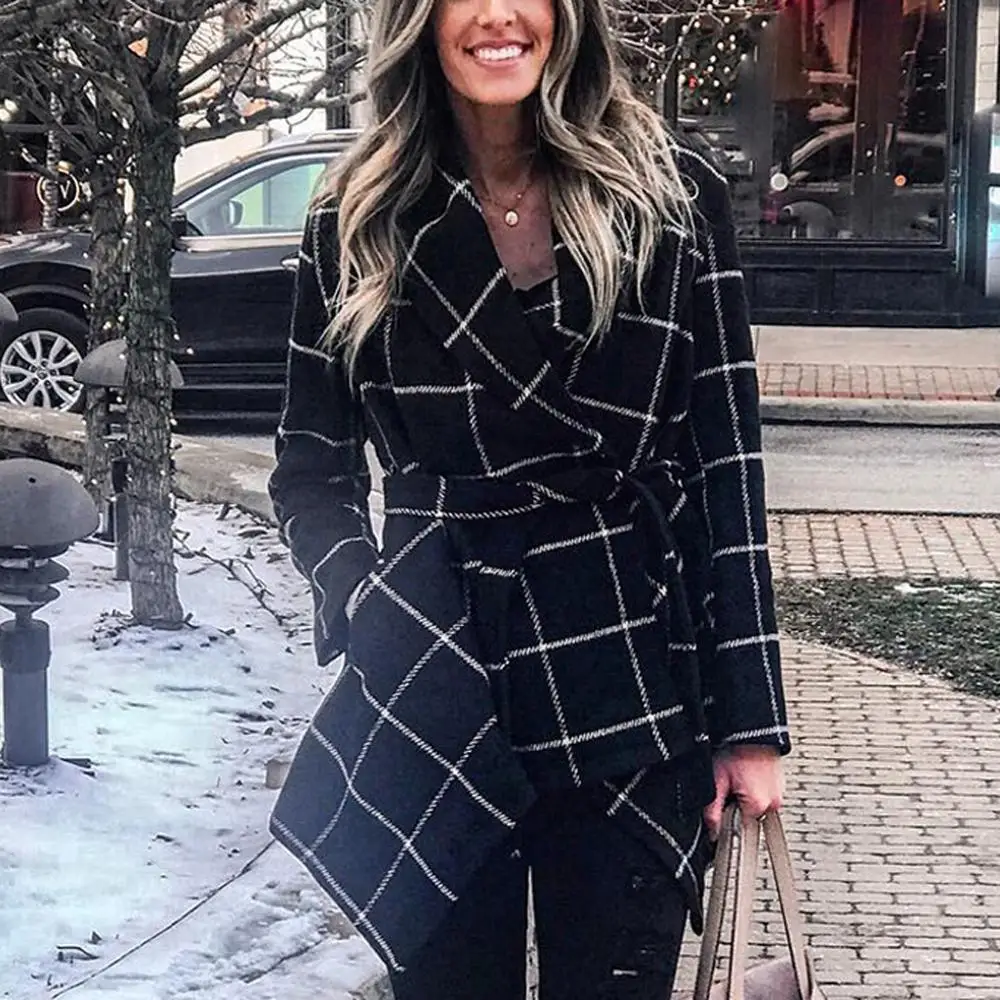 Cashmere Woolen Women Coat Winter Vintage Warm Plaid Sashes Irregular Wool Manteau Femme Abrigos Mujer Plaszcze Damskie | Женская одежда