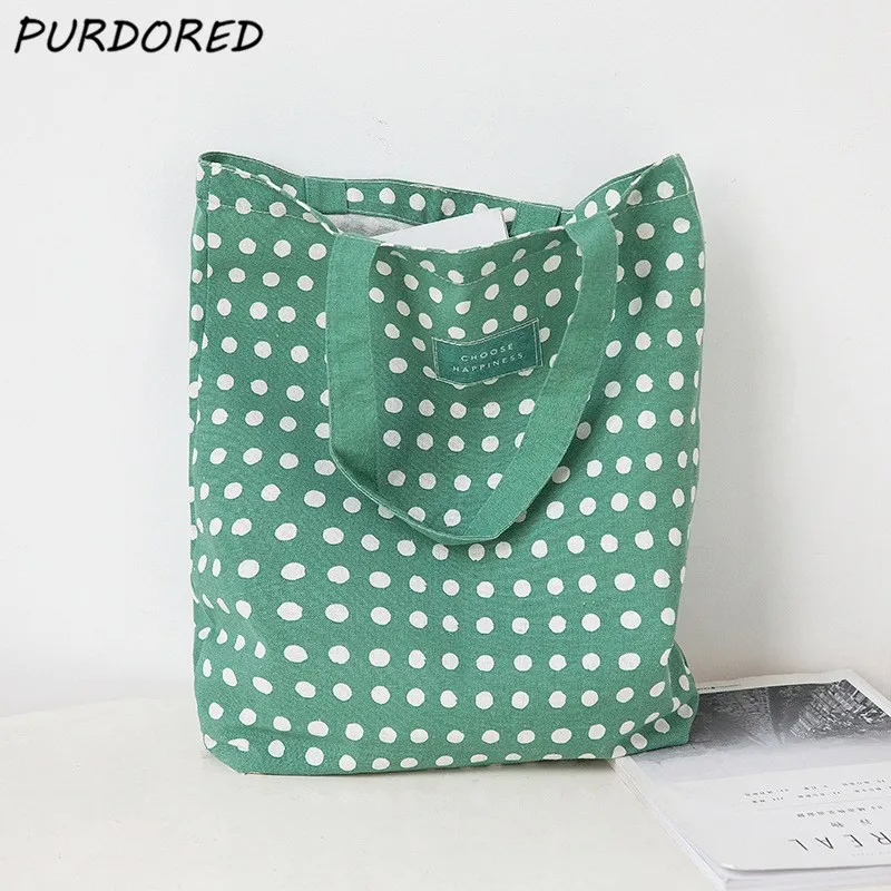 

PURDORED 1 Pc Women Green Dot Large Shopping Bag Reusable Food Fruit Storage Bag Tote Travel Outing Shoulder Bag Handbag