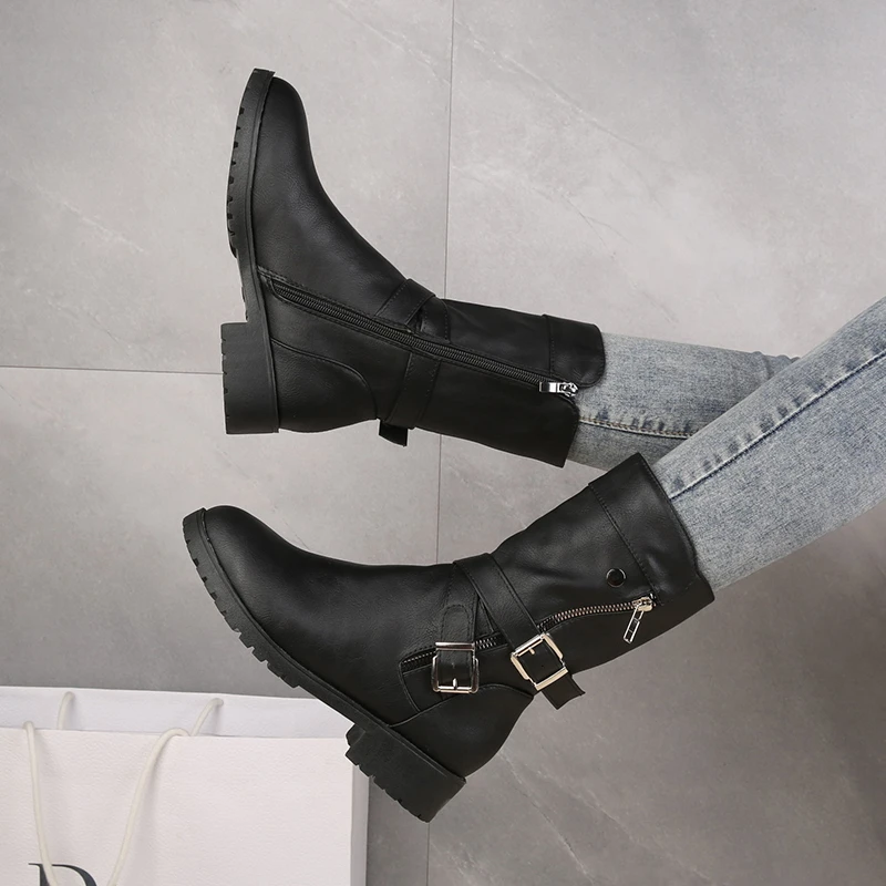 

Plus Size 43 Women Buckle Goth Boots 2021 New Fashion Women's Mid-Calf Boots Female Square Heel Zipper Booties Red Black Boots
