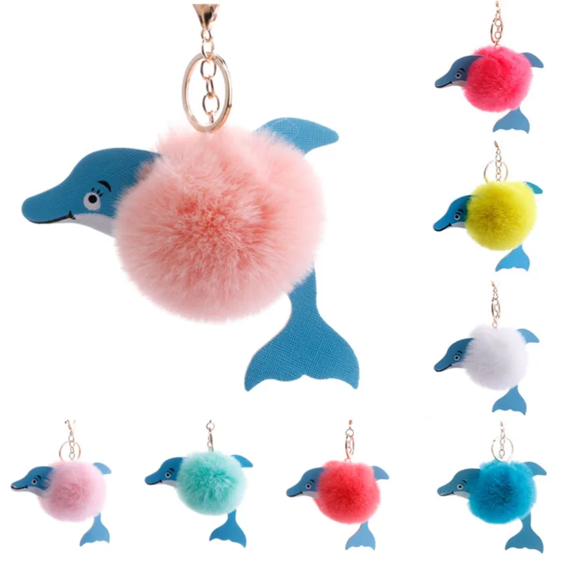 

10pcs/lot Dolphin PU With Fur Pom Pom Key Chain Fluffy Ball Keychain Fashion Faux Fur Bag Car Ornament Fur Ball Key Ring