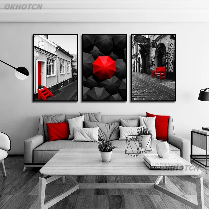 Настенные художественные картины холст живопись черный и белый красный зонт