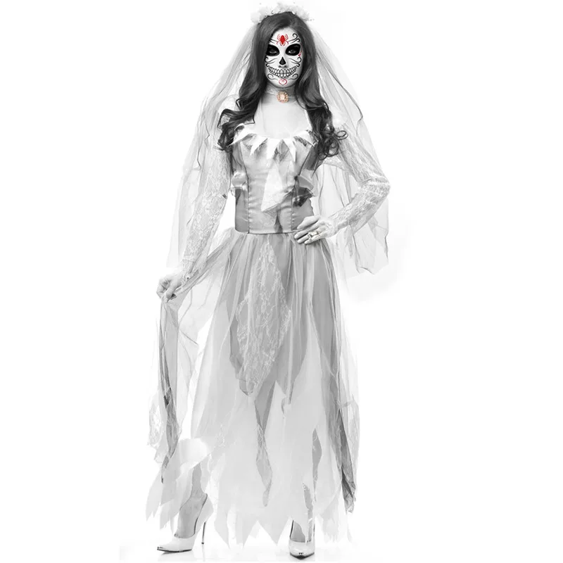 

Sexy Women Corpse Bride Scary Cosplay Female Halloween Skeleton Horror Zombie Bride Costumes Masquerade Role Play Party Dresses