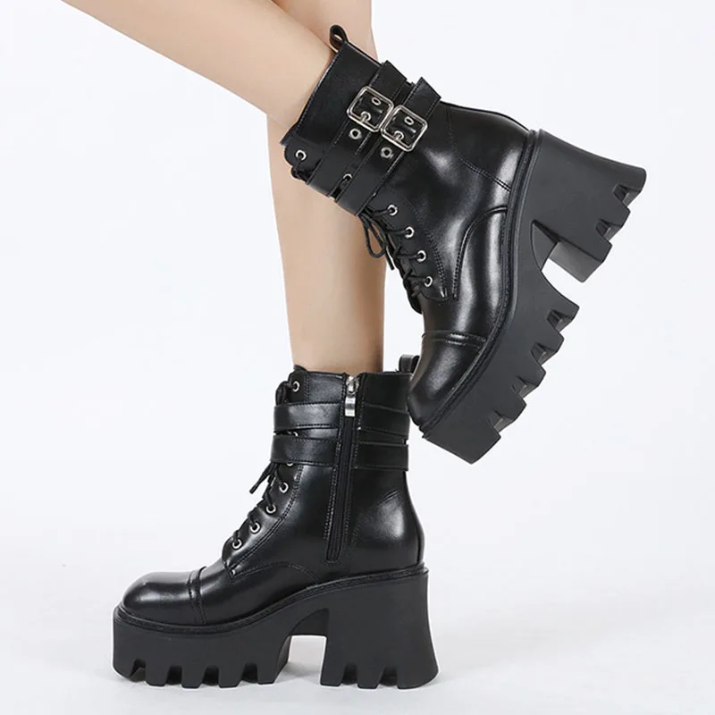 Женские ботинки на массивном каблуке с пряжкой резиновой подошве - купить по