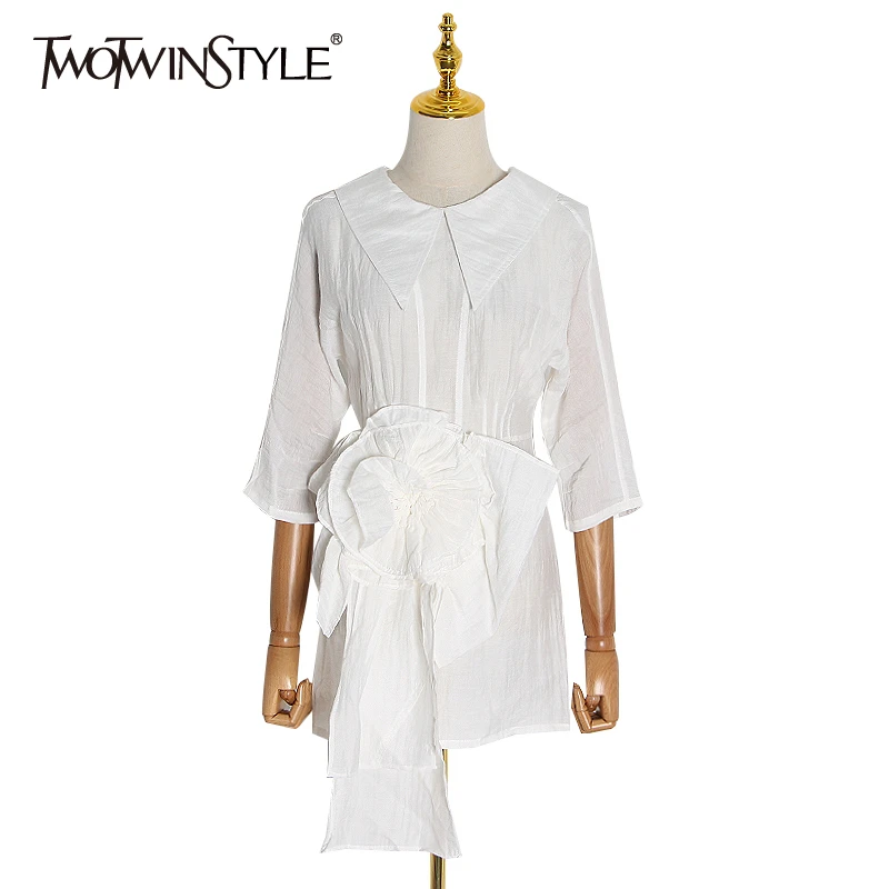 TWOTWINSTYLE лоскутное гофрированное Белое Женское платье воротник с лацканами