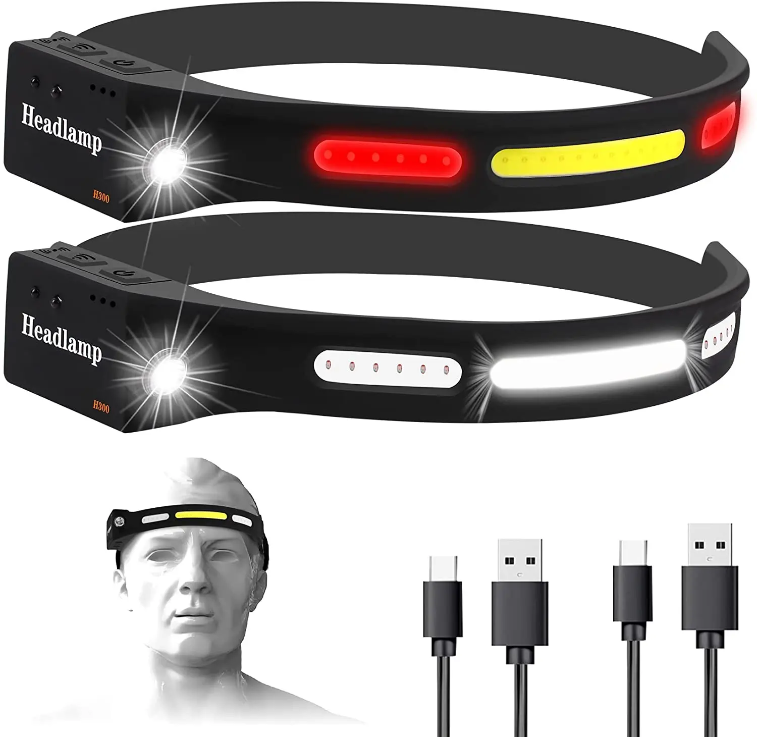 

2pcs LED Induction Headlamp COB Headlight Built-in 1200mAh Lithium Battery Rechargeable Portable 5 Modes Warning Head Torch