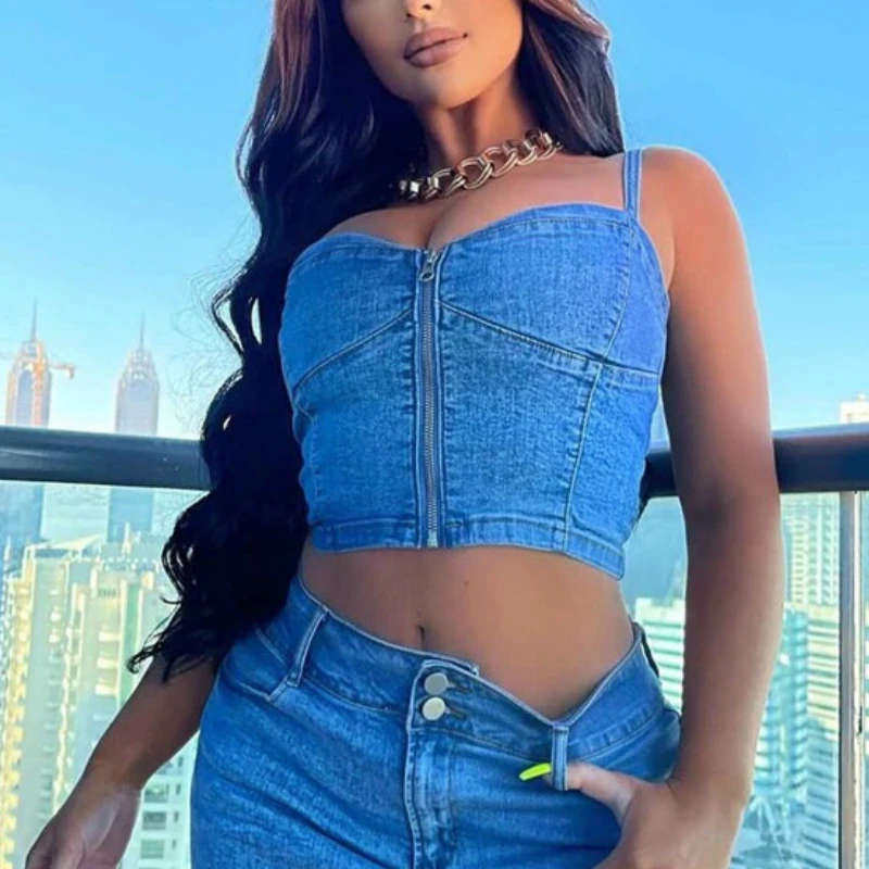 

Sexy Women Denim Blue Vest Camis Summer Adjustable Sling Strap Backless Tube Crop Tops Slim Front Zipper Casual Street Camisoles