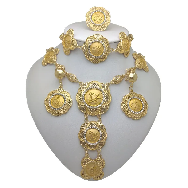 

African Costume Jewelry Sets Dubai Gold color Nigerian Necklace Bracele Earrings Sets Wholesale Bridal wedding Jewelry Set Women