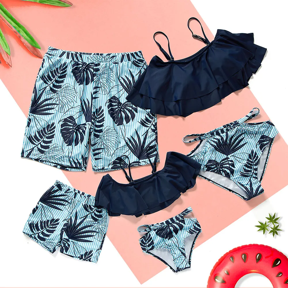 Leaf Family Matching Swimsuit Boat-Neck Mother Daughter Swimwear Mommy and Me Beach Dress Clothes Outfits Father Son Swim Trunks