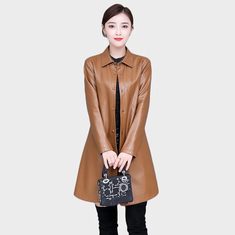 Classic coat Women Leather jacket Large size Long trench coats Top women clothing Korean style Leather coats autumn Outwear 99 enlarge