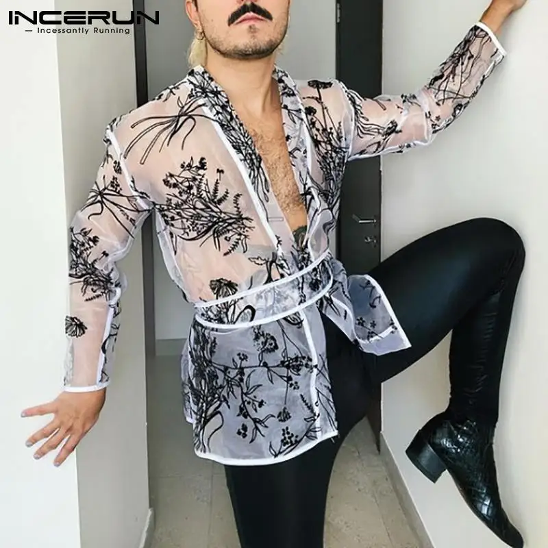 INCERUN-Blusa holgada informal para hombre, camisa Sexy de manga larga con estampado...