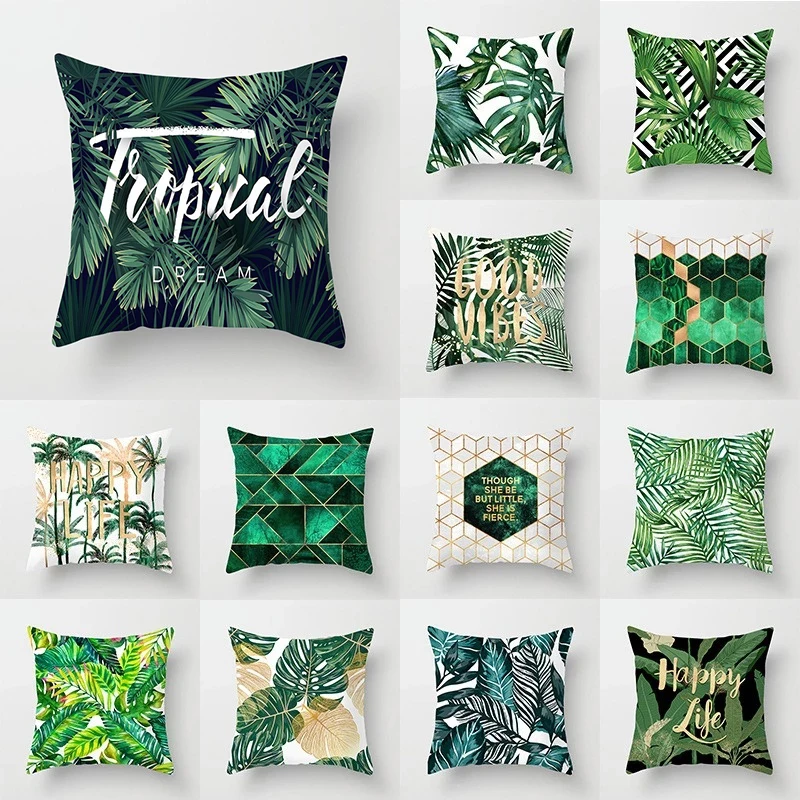 Декоративная подушка с принтом зеленых растений и букв тропический лист кактус