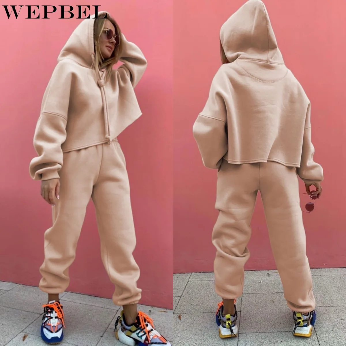 

WEPBEL Women's Casual Long Sleeve Hooded Sweatshirt + Elastic Waist Pants Suit Spring Autumn Loose Solid Color Sports Suit