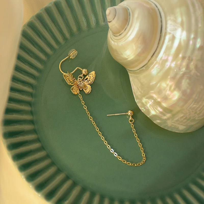 

Luxury 14K Real Gold Butterfly Shape Single Earrings for Women Jewelry Brilliant Zirconia S925 Silver Needle Stud Wedding Party