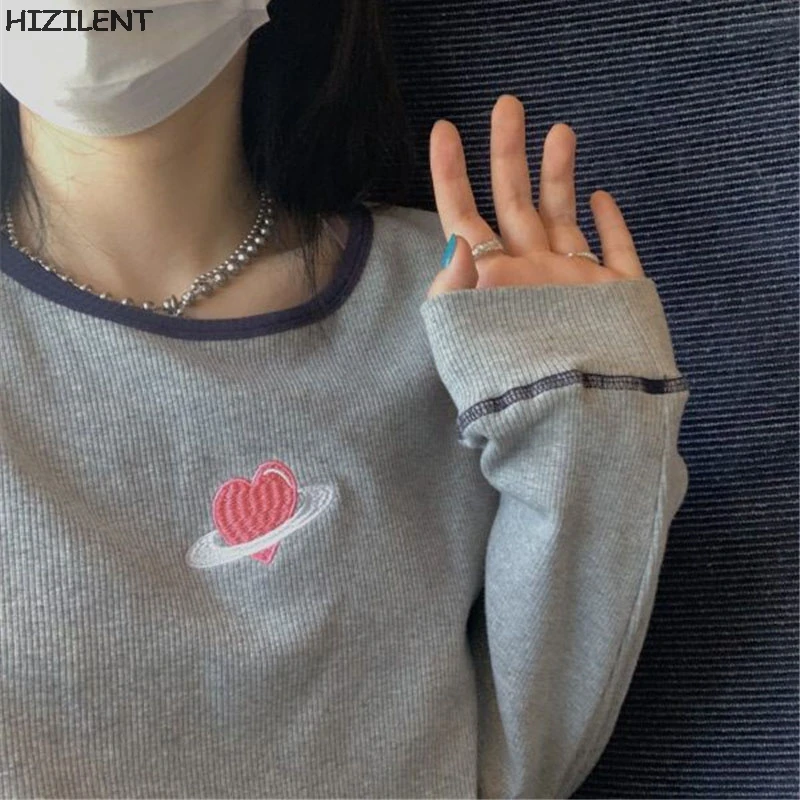 

Женские винтажные Топы в стиле пэчворк, милые футболки с вышивкой в стиле Харадзюку, женская одежда с длинным рукавом, тонкие укороченные то...