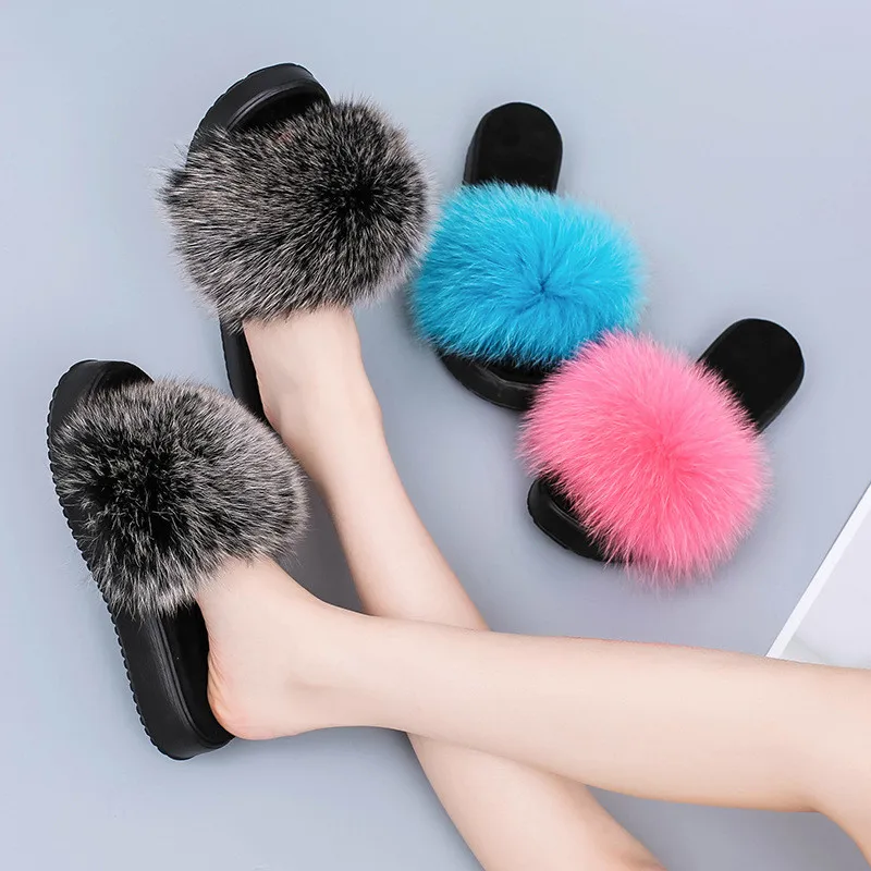 

Women's Fluffy Colorful Fox Fur Slippers Summer Fashion Female Furry Sandals Ladies Luxury Comfortable Flip Flops Outdoor Shoes