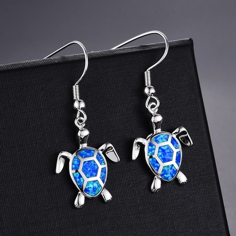 

Boho Cute Animal Sea Turtle Drop Earrings for Women Blue Fire Opal Pendientes Dangle Earrings Wedding Engagement Party Jewelry