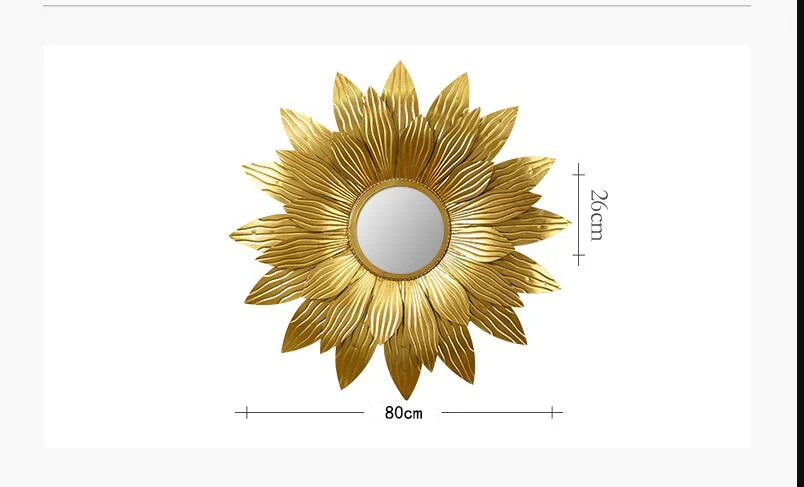 American Light Luxury Wrought Iron Gold Sun Flower Decorative Mirror Wall Hanging Pendant Aisle Background Wall Mural Crafts Art