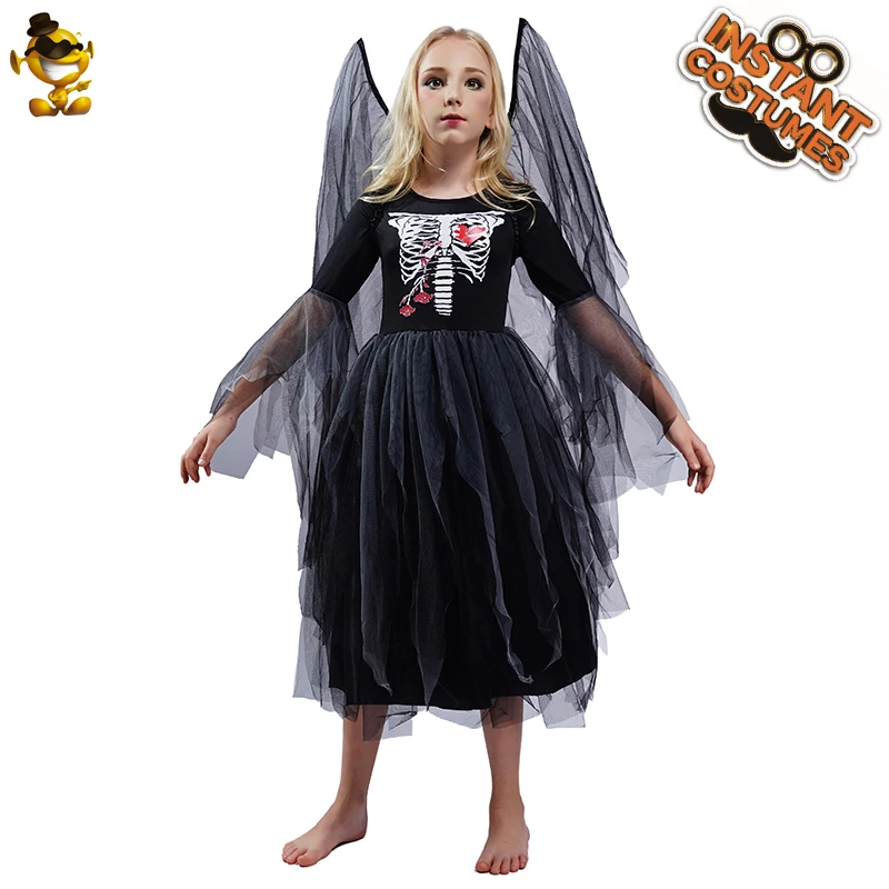 

Платье-скелет для девочек, детские костюмы на Хэллоуин, маскарадное платье, черные детские костюмы-скелеты