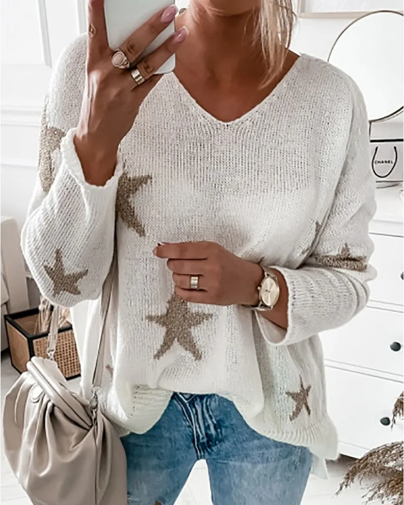 

2021 fall new fashion casual star V-neck T-shirt