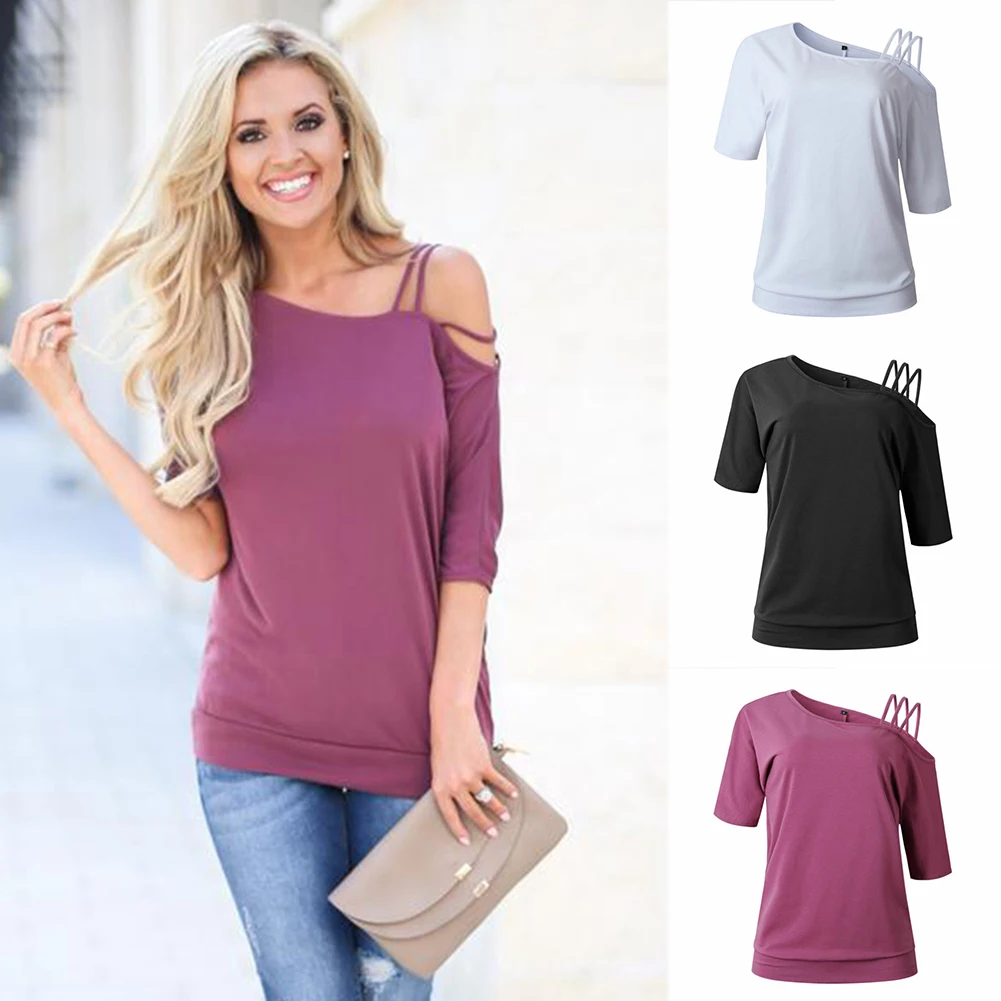 Solid Pullover Sexy T Shirt Loose Fashion One Cold Shoulder Ladies Gift Casual Women Blouse Tops Summer Half Sleeve |