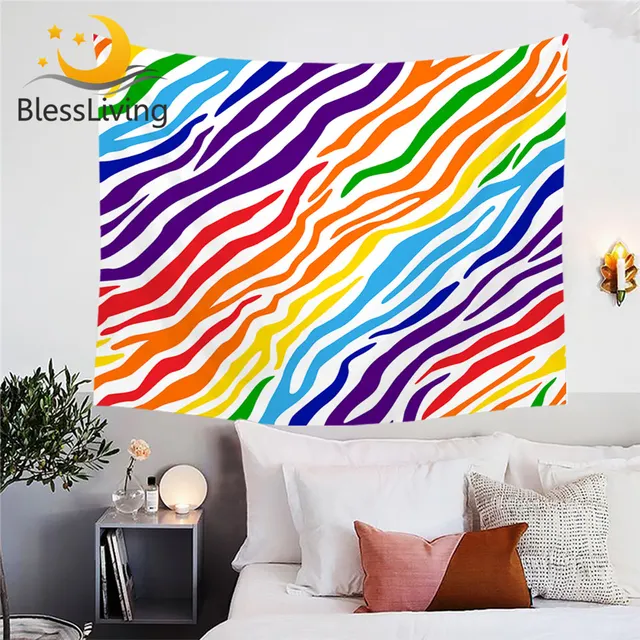 BlessLiving Striped Tapestry Zebra Wall Hanging Rainbow Colorful Decorative Wall Carpet Trendy Bedspreads Tapisserie 150x200cm 1