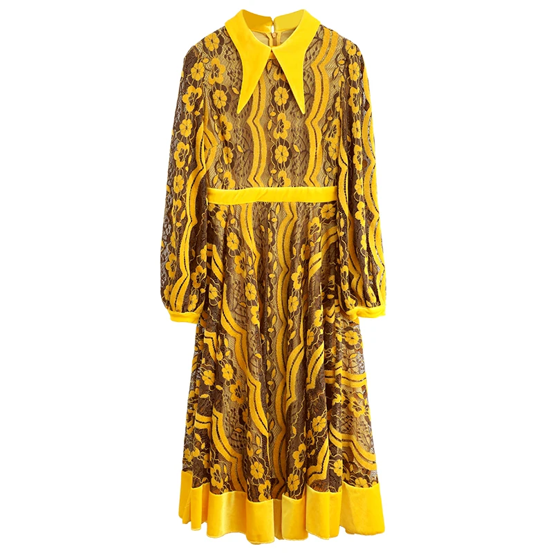 

Top Quality New Lace Dress 2020 Autumn Style Women Turn-down Collar Crochet Lace Embroidery Velvet Patchwork Long Sleeve Dress