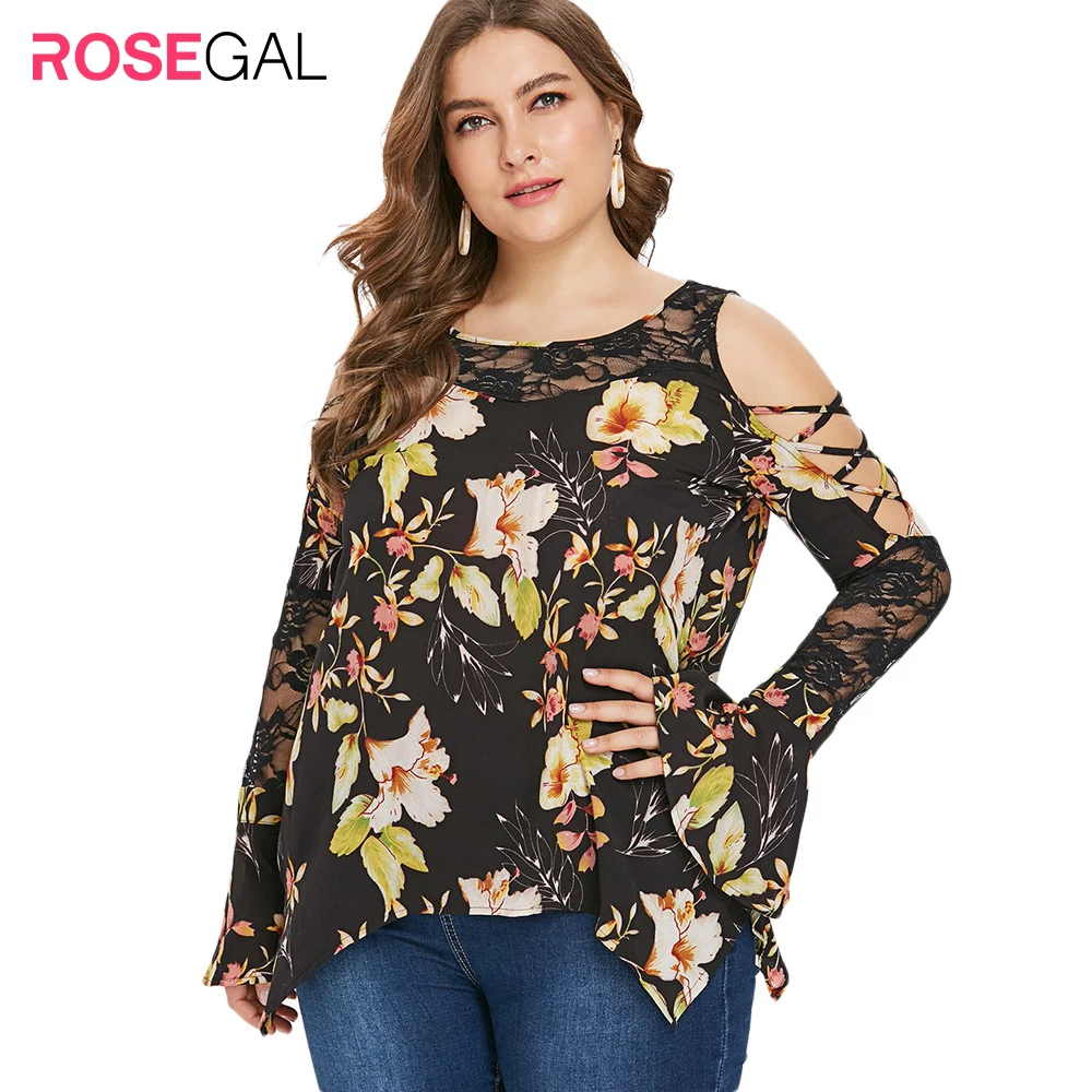 ROSEGAL Плюс Размер Женская кружевная панель цветочный принт футболка с