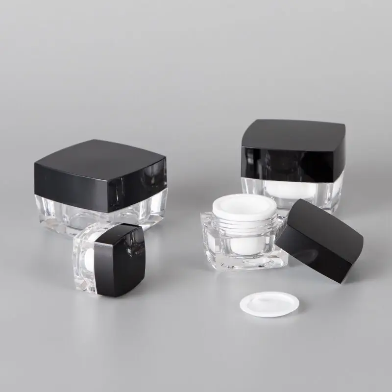 

360pcs/lot 5g 10g 15g 30g 50g Empty Square Clear Acrylic Cream Jar With Black Plastic Lids Cosmetic Make Up Containers