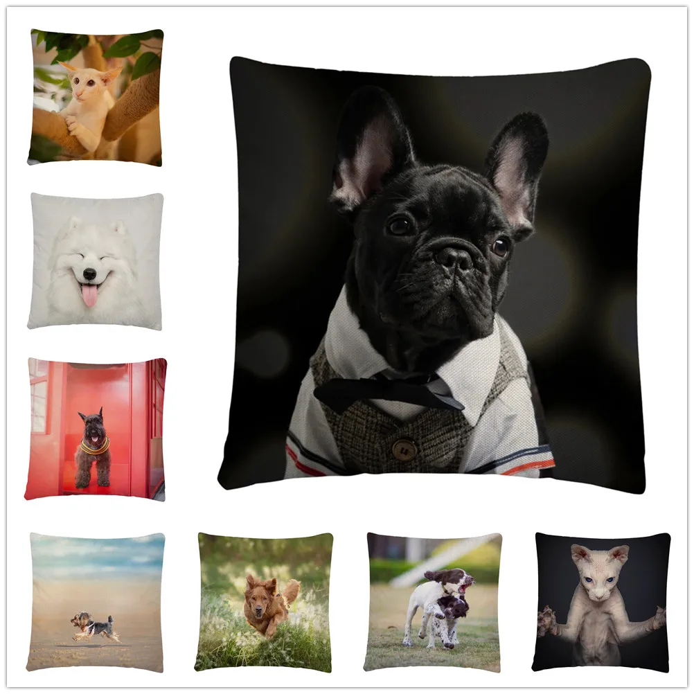 Льняная наволочка для подушки 45x45 см с изображением щенка/собаки | Дом и сад