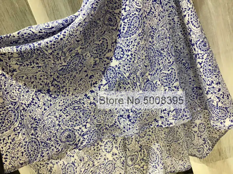 

2021SS Woman Blue White Albi Paisley Print Silk Midi Dress V-neck Long Sleeves Asymmetric Long DRESS Cinched waist