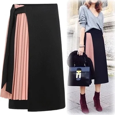 

Midi skirt women patchwork Pink Pleated Black Warp Waist Belt OL Style