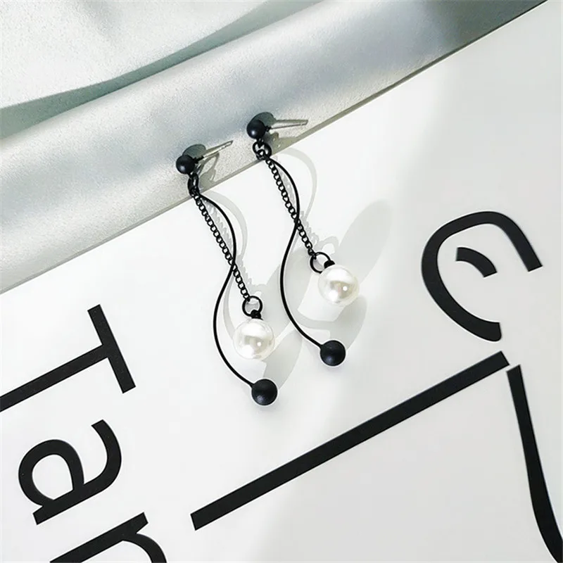 Новинка Корейская версия черные серьги с длинной кисточкой элегантные жемчугом
