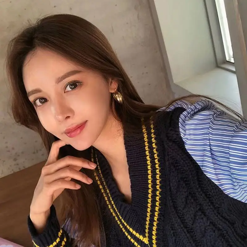 Свитер Cheerart с V-образным вырезом Женский пуловер полосатый лоскутный Синий