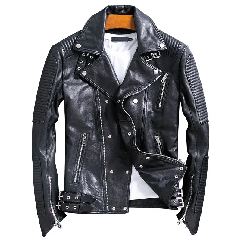 

Quality Classic High Motor Biker Jacket Men Natural Sheepskin Coat Punk Style Zip Strap Buckle Slim Genuine Leather Jackets Male