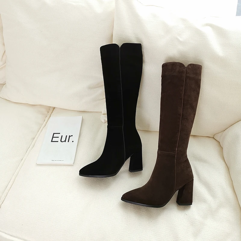 Сапоги женские зимние до колена на высоком каблуке 8 см с острым носком|Ботфорты| |