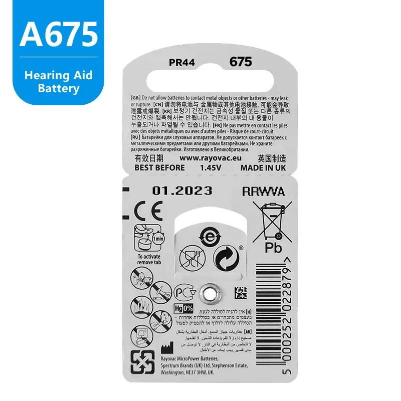 120 шт. батарейки для слухового аппарата Rayovac Peak Air 675A 675 A675 PR44 Бесплатная